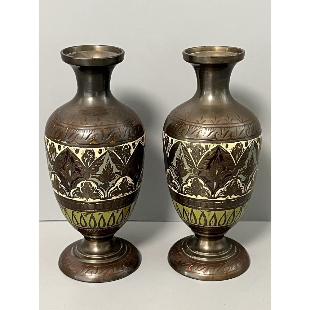 Vtg Pair 5.25" Hand Engraved Brass Bud Vase Floral Enamel signed- "I AM"- India